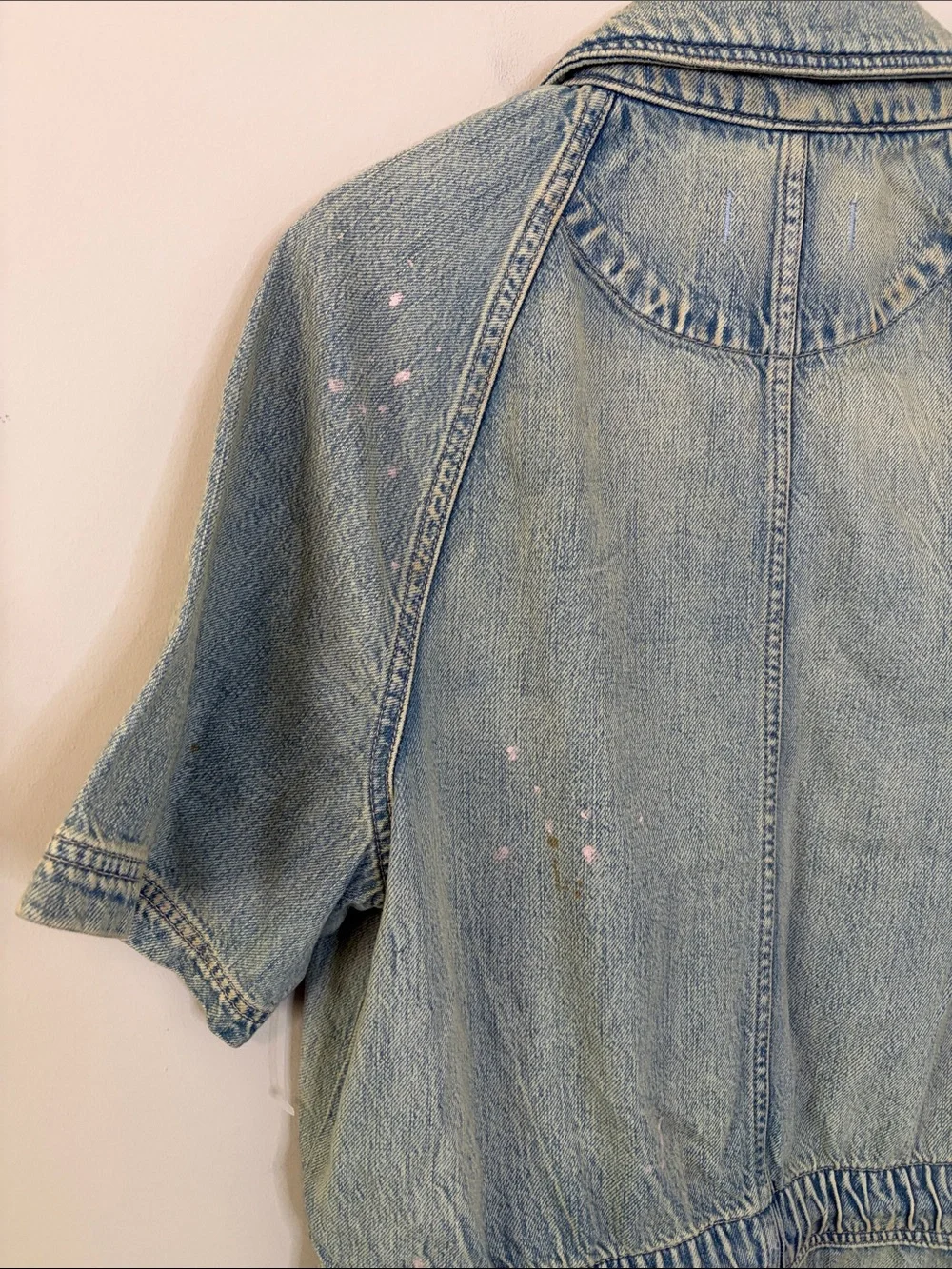 Free People Mojave Denim Shortall Romper Slouchy Paint Splatter Cinch Waist NEW